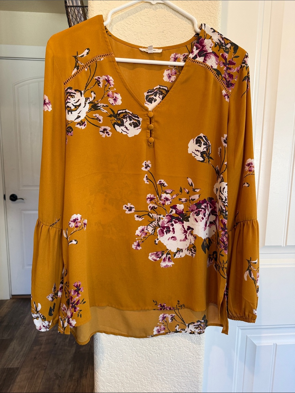 Maurices Mustard Floral Button-Front V-Neck Blouse